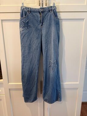 abercrombie kids Light Blue Star-Appliqué Wide-Leg Jeans